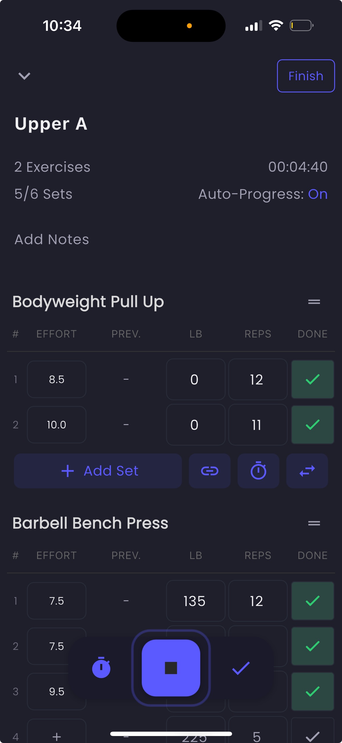 App screenshot of workout tracking